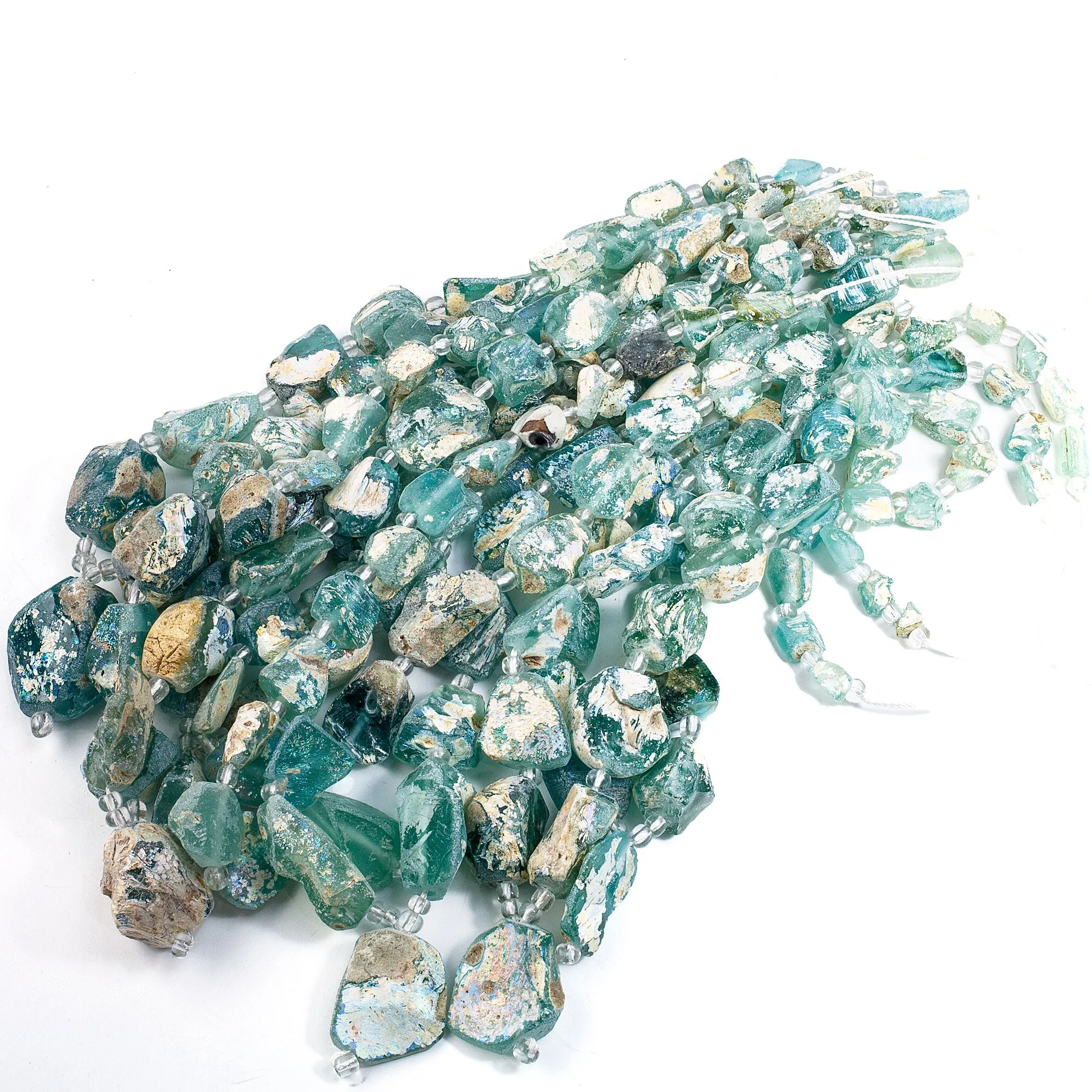 Ancient Bactrian Glass Beads, aqua blues, excavated and reworked. 1 Strand.  b11-mi-2075