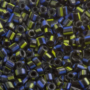 Antique Italian Hudson Bay seed beads 12/0 black with yellow and blue stripes. Mid 1800's. 15 gram bag. b17-184