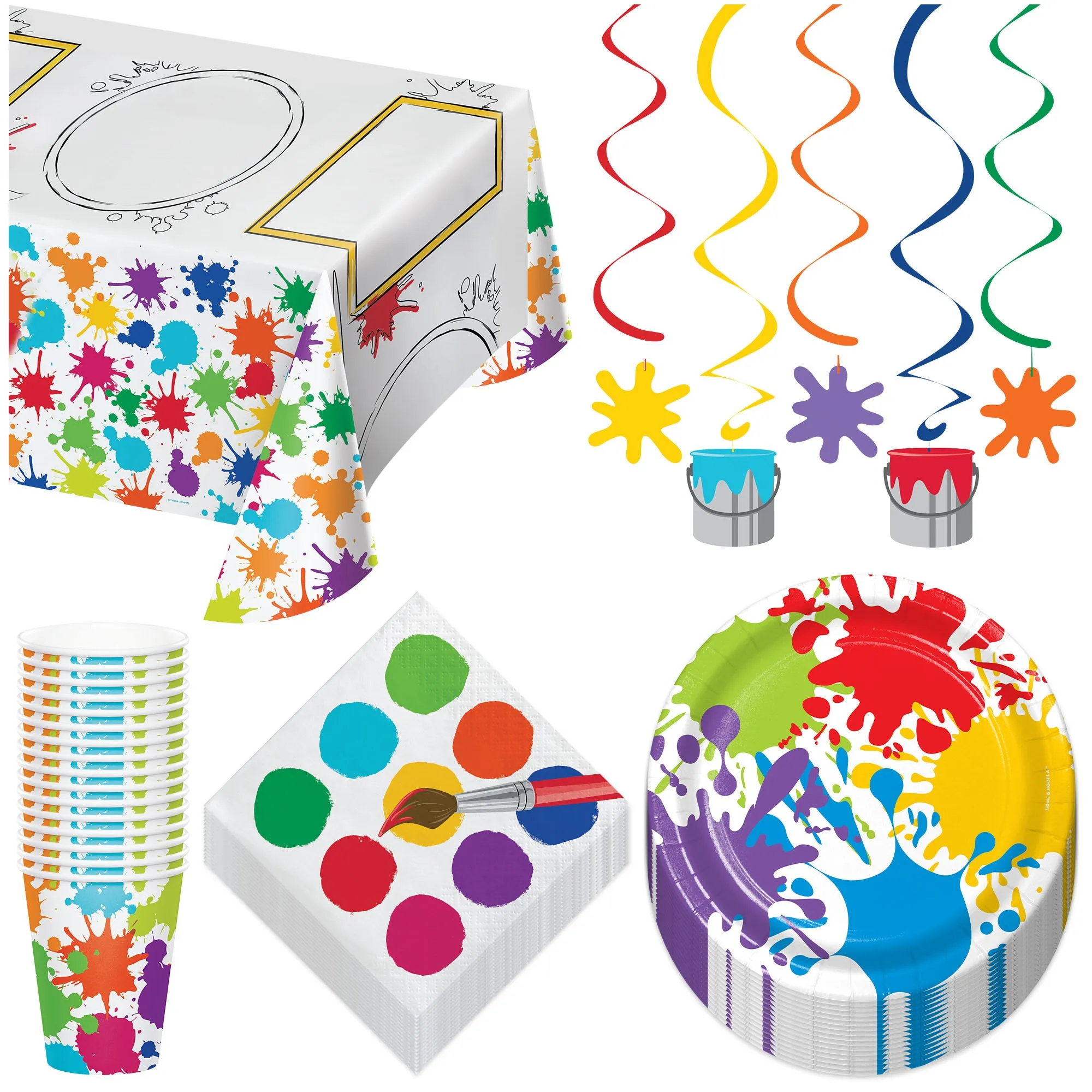Art Party Dessert Pack - Artist Paint Splatter Paper Dessert Plates, Napkins, Cups, Paper Coloring Table Cover, and Hanging Whirls Set (Serves 16)