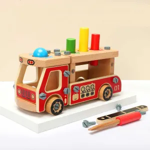 Diy خشبية المركبات لعبة محاكاة الجمعية لعب خشبية سيارة مطافئ للأطفال طفل DIY Wooden Vehicles Toy Simulation Assembly Wooden Toy Fire Truck for Kids Child
