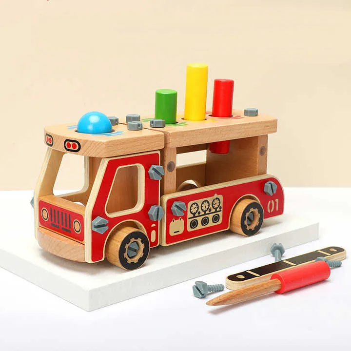 Diy خشبية المركبات لعبة محاكاة الجمعية لعب خشبية سيارة مطافئ للأطفال طفل DIY Wooden Vehicles Toy Simulation Assembly Wooden Toy Fire Truck for Kids Child
