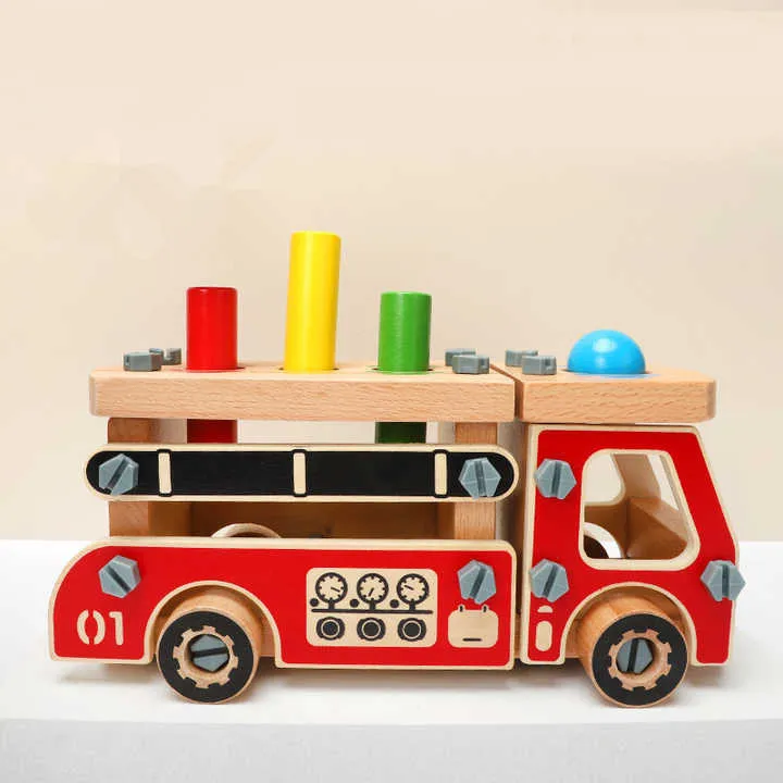 Diy خشبية المركبات لعبة محاكاة الجمعية لعب خشبية سيارة مطافئ للأطفال طفل DIY Wooden Vehicles Toy Simulation Assembly Wooden Toy Fire Truck for Kids Child
