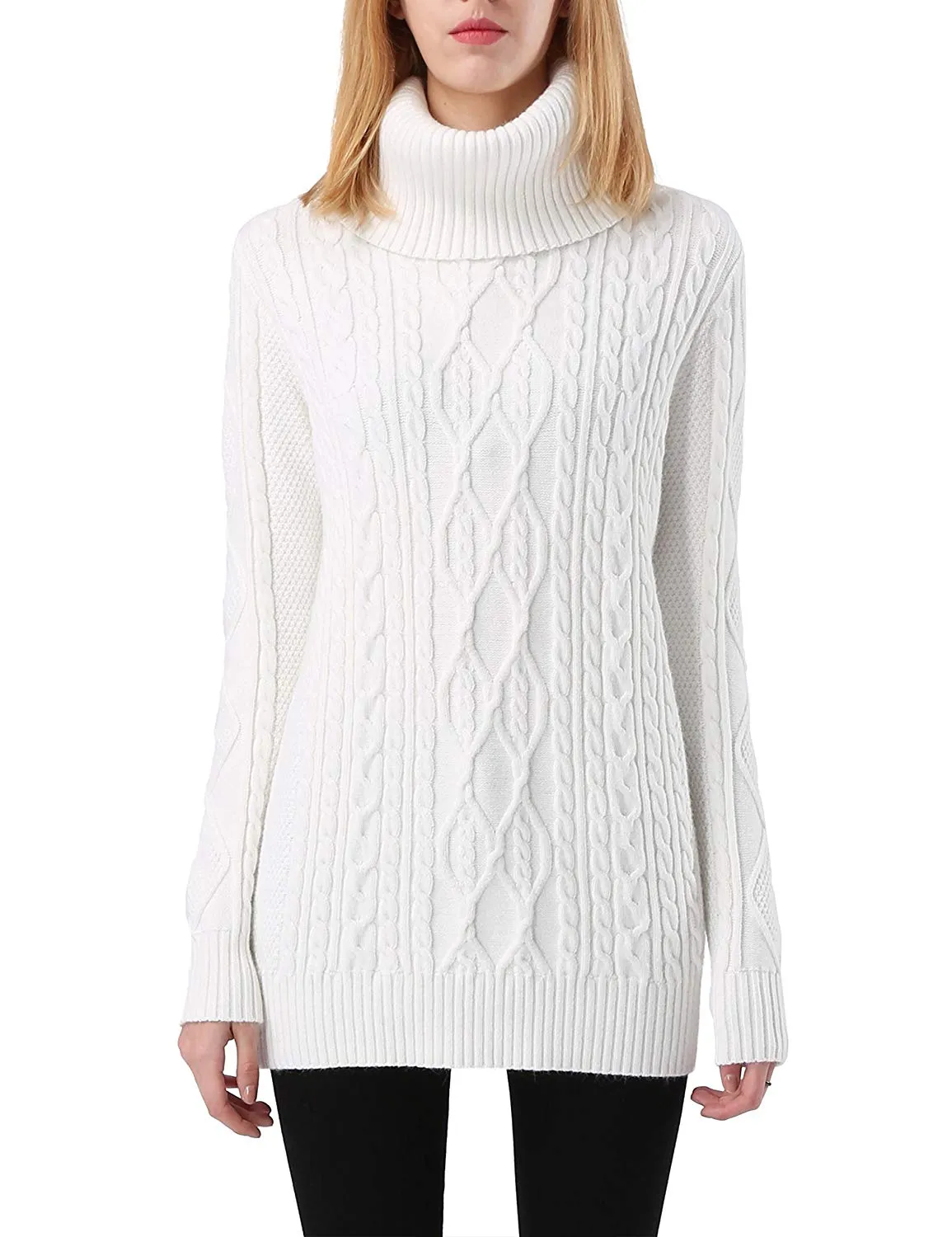 PrettyGuide Women's Long Sweater Turtleneck Cable Knit Tunic Sweater Tops