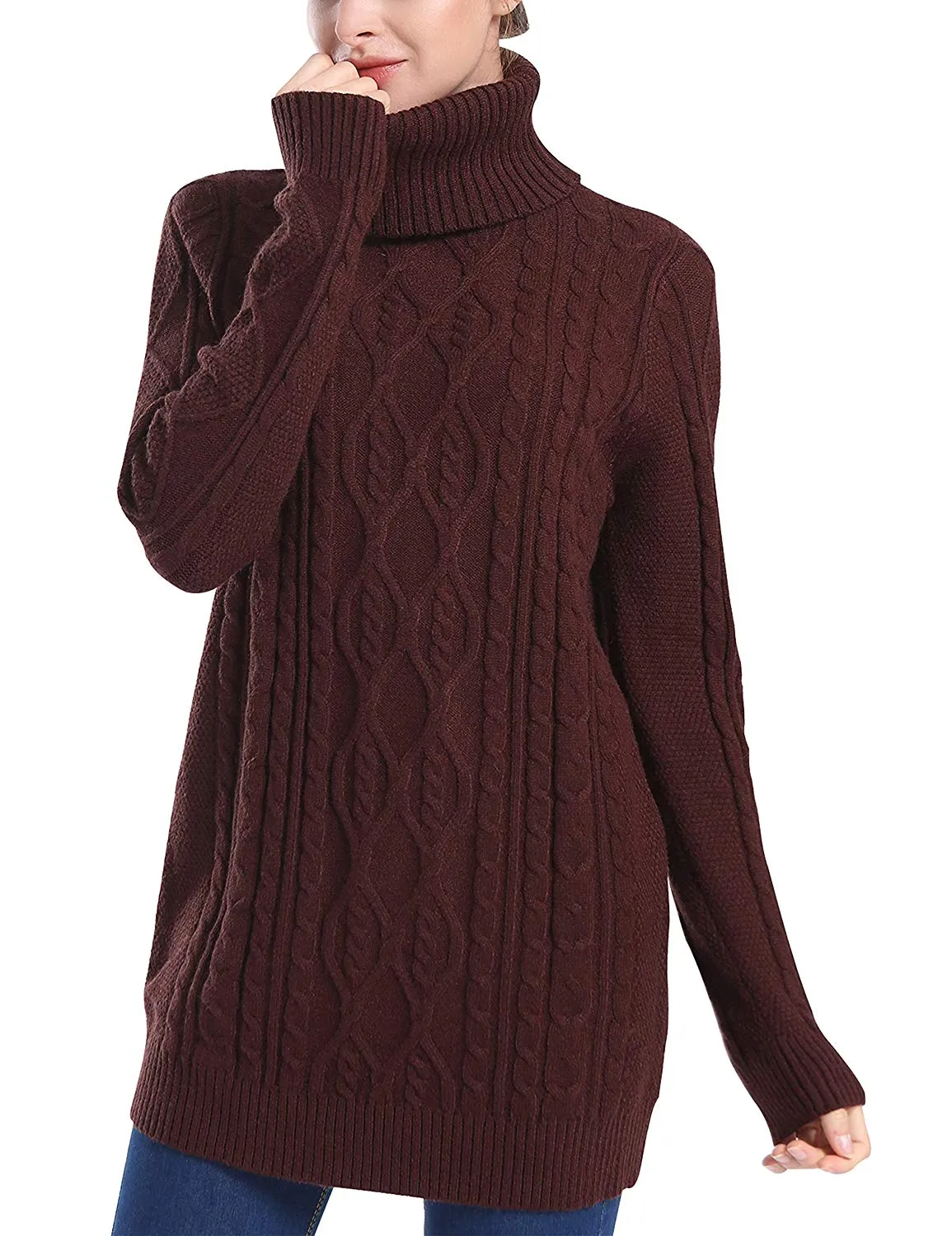 PrettyGuide Women's Long Sweater Turtleneck Cable Knit Tunic Sweater Tops
