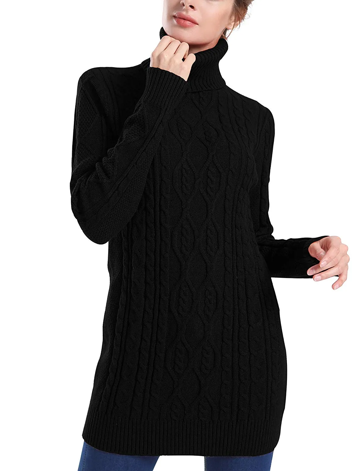 PrettyGuide Women's Long Sweater Turtleneck Cable Knit Tunic Sweater Tops